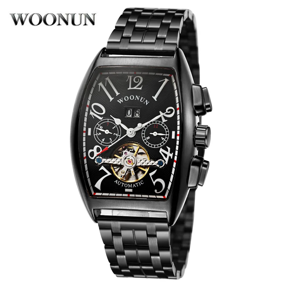 

2018 New Design Tonneau Stainless Steel Watch Fashion Skeleton Automatic Mechanical Tourbillon Watches Mens Watch Male Clocks