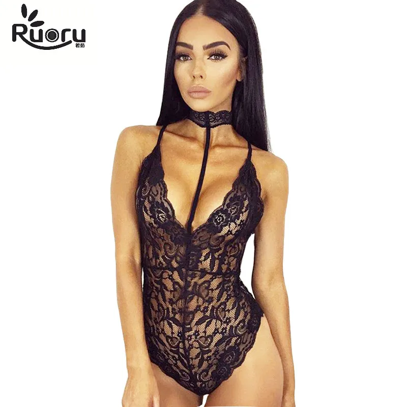 Ruoru العميق الخامس الرقبة مثير ارتداءها الصلبة المختنق شبكة الدانتيل ارتداءها النساء bodycon الصيف playsuit catsuit الجسم فام يوتار أنثى