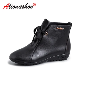 

Woman Boots Genuine Leather Lace up Women Ankle Boots Round toe Soft Comfy Ladies Autumn Shoes Female Boots Plus Size 34-44