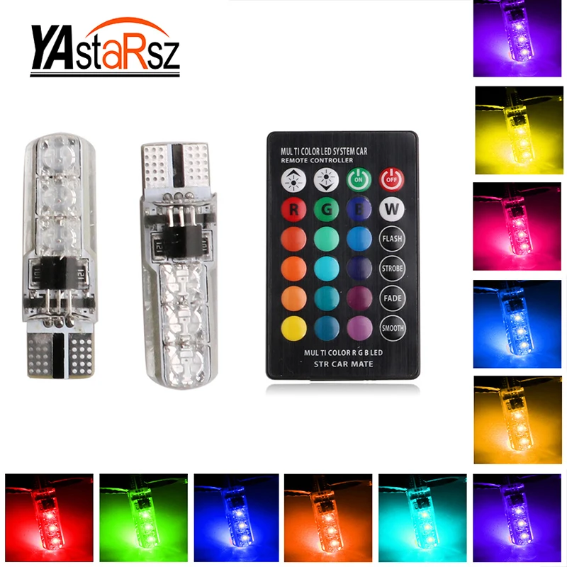 2Pcs/1set 12V LED T10 W5W 5050 SMD 1.2W Auto Car RGB LED Interior Dome Wedge Reading Light Strobe Lamp Bulb With Remote Control