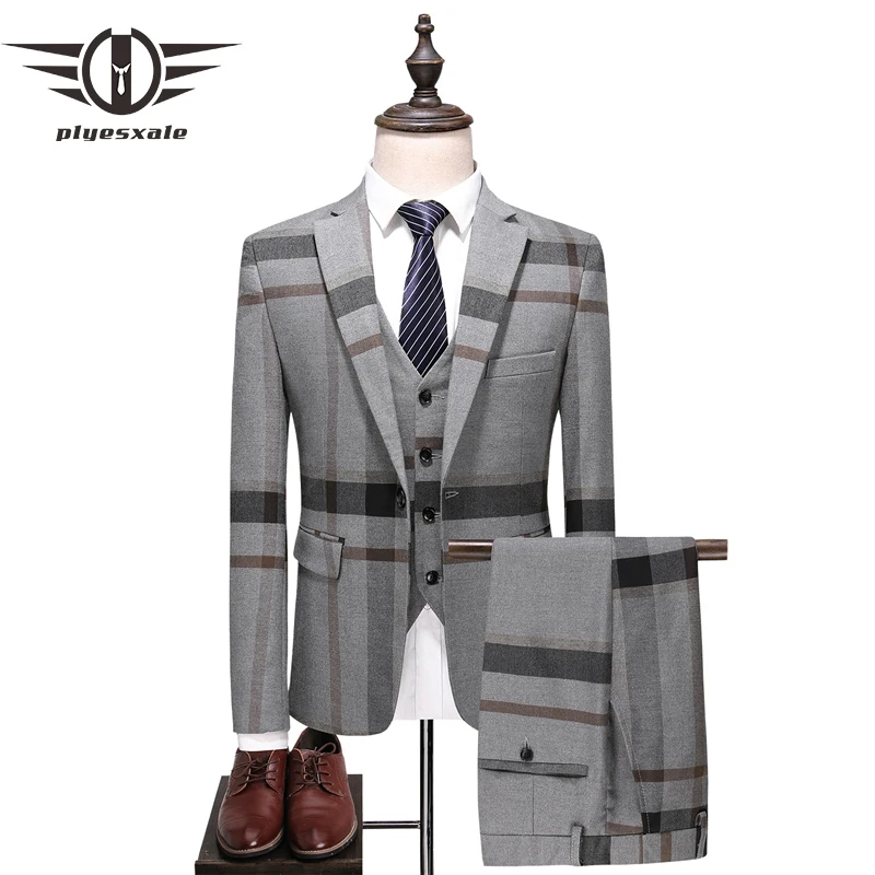 Plyesxale синего/серого цветов костюм Для мужчин 2018 Slim Fit s смокинг Нарядные Костюмы