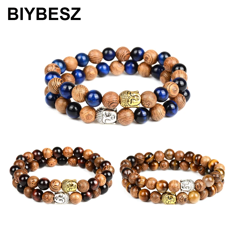 2Pcs His And Hers Couple Bracelet Natural Stone Tiger Eyes and Wood Beads Buddha Stone Bracelet Men Women Girl Gifts 8MM (4)