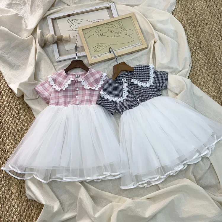 Roimyal/ ; коллекция года; новое летнее милое платье принцессы для девочек; Сетчатое платье в клетку с кукольным воротником; хлопковое Пышное Платье;