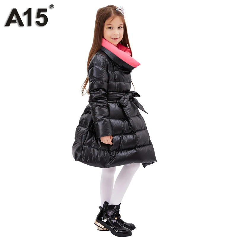 A15 куртки для девочек зима г. Элегантная длинная теплая куртка-пуховик для девочек, детская верхняя одежда, куртки, пальто Одежда для больших девочек 10 14 - Цвет: 12085Black