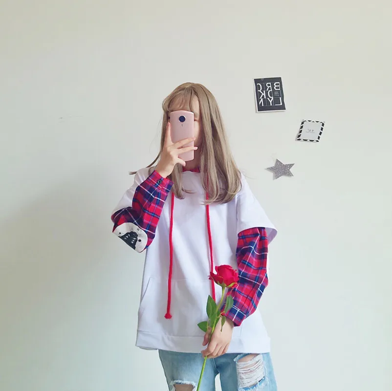 Японский милый уличный женский свитер Harajuku Kpop Kawaii Cat Аниме одежда для девочек клетчатые толстовки черный пуловер Женская толстовка