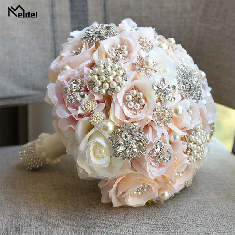 Meldel Bride Wedding Bouquet Bridesmaid Rose Posy Round Artificial Luxurious Silk Rose Bouquet Pink Crystal Pearl Wedding Flower