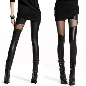 

YSDNCHI Patchwork Stretch Fitness Sexy Leggins Women Pants Black Slim See through Leggings Rock Punk Leggins Leather Trousers
