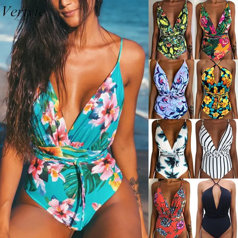 

Vertvie 2019 New Women Sexy Print Brazilian One Piece Swimsuit Floral Retro Thong High Waist Bodysuit Backless High Cut Bikini