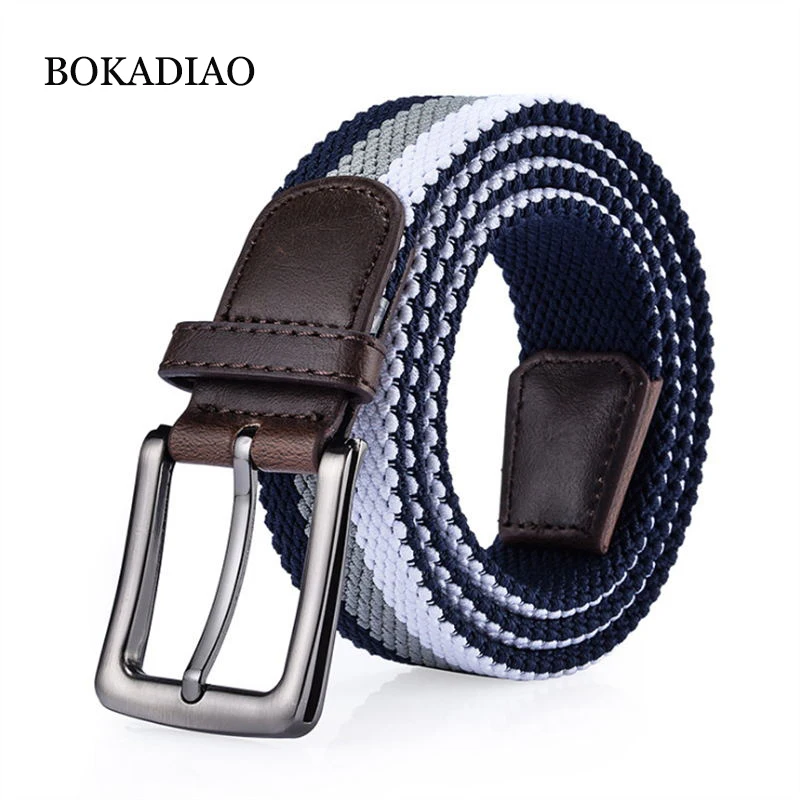 

BOKADIAO men&women elastic belt Pin buckle Weave Stretch Canvas belt 105cm luxury jeans belts for men waistband white strap male