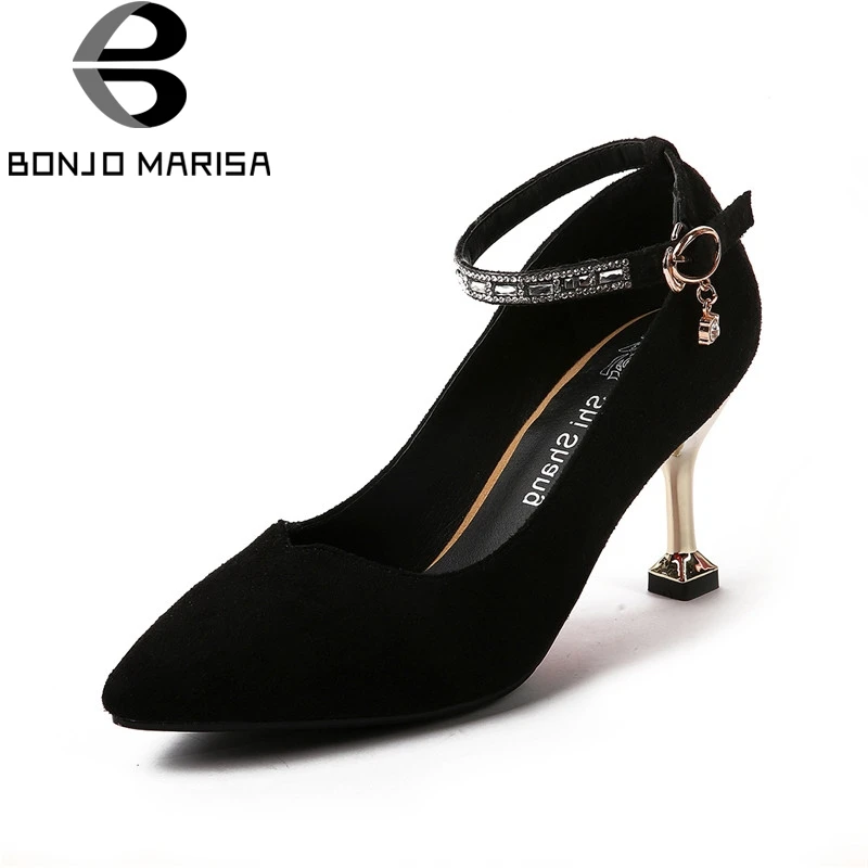 

BONJOMARISA Women's Rhinestoe Ankle Strap High Heel Party Wedding Shoes Woman 2018 Point Toe Less Platform Pumps Big Size 30-47