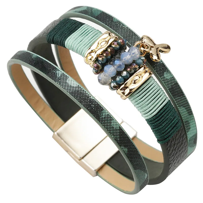 ALLYES женские кожаные браслеты Femme Boho хрустальные бусины клевер кожаный металлический Шарм широкий многослойный браслет женская бижутерия - Окраска металла: Green