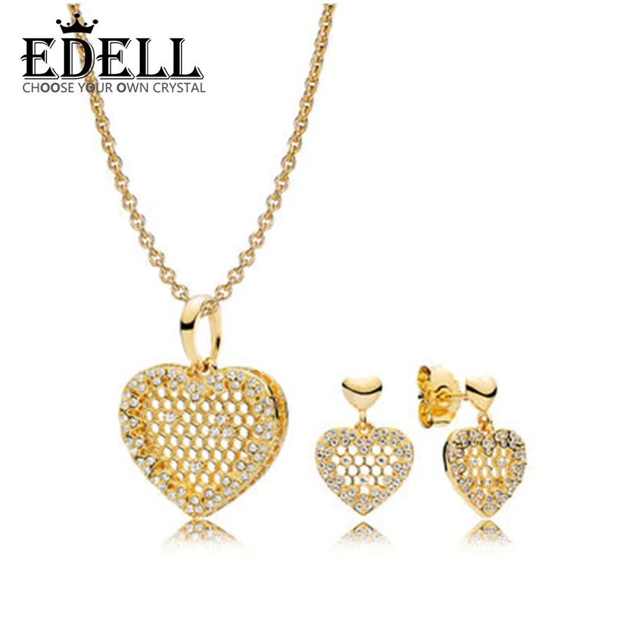 

EDELL 100% 925 Sterling Silver New 1:1 Genuine Beehive Heart Shape 18K Gold Hollow Charm Pendant Necklace Set