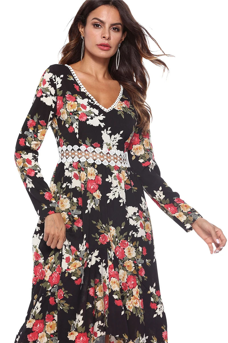 Floral Print Long Women Dress V-Neck Long Full Sleeve Spring Dress Sexy Hollow Out Waist Personality Western Style Gilr Clothes-XQ-03