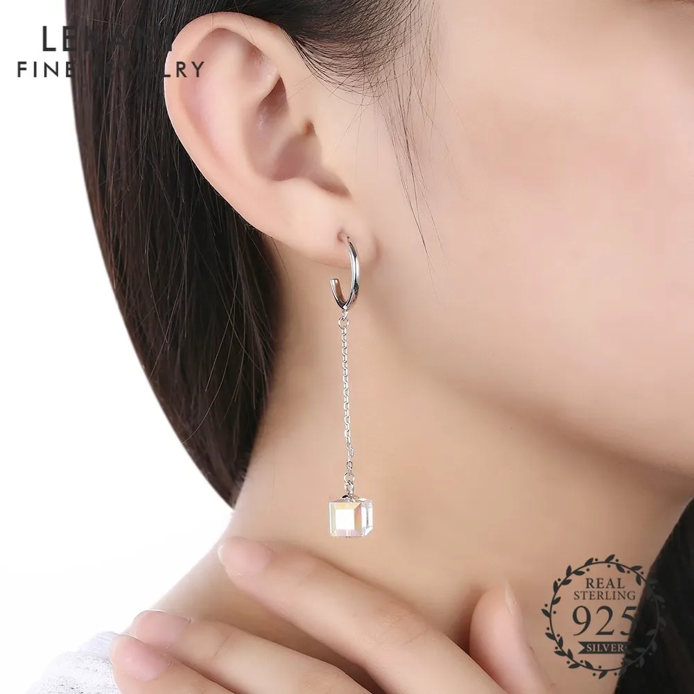 

LEKANI 925 Sterling Silver Long Chain with Crystal Square Pendant Stud Earrings Crystals from Swarovski Earrings for Women