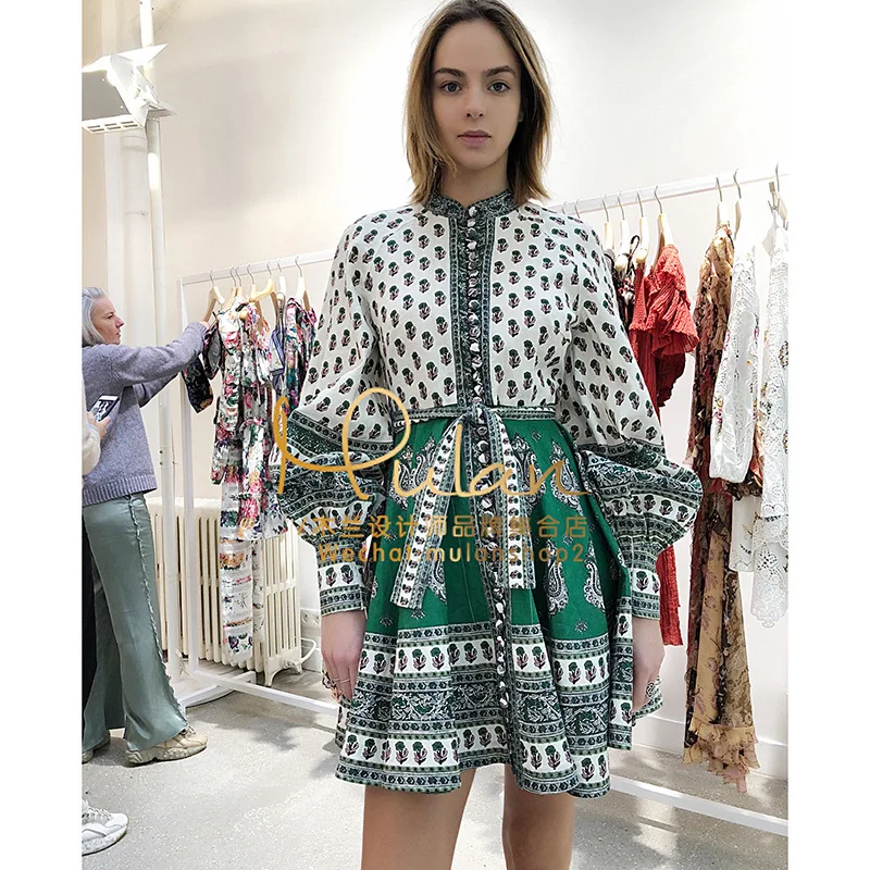 Женское платье с рукавом фонариком DEAT винтажное однобортное воротником стойкой