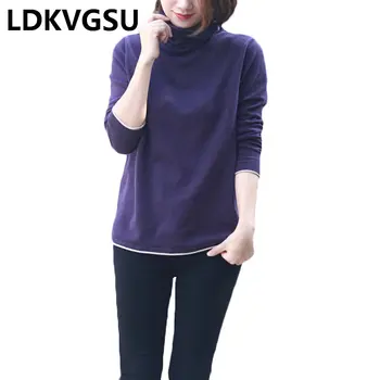 

Literary Loose Large Size Color Matching Turtleneck Sweater Long Sleeve Women's Short Knit Shirt 2018 Autumn Winter New Is1424