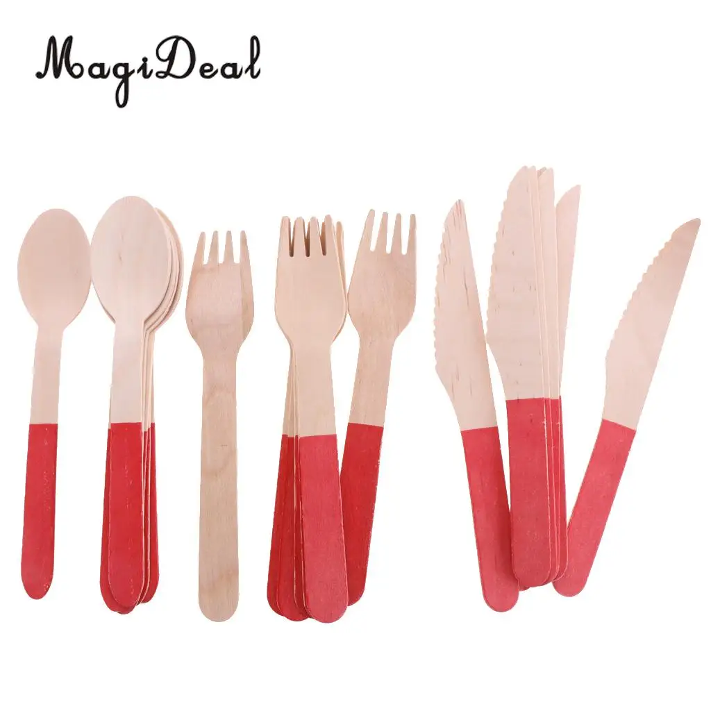 24pcs/Set Disposable Wooden Utensil Forks Spoons Knives Cutlery Set Wedding Birthday Party Tableware Serveware