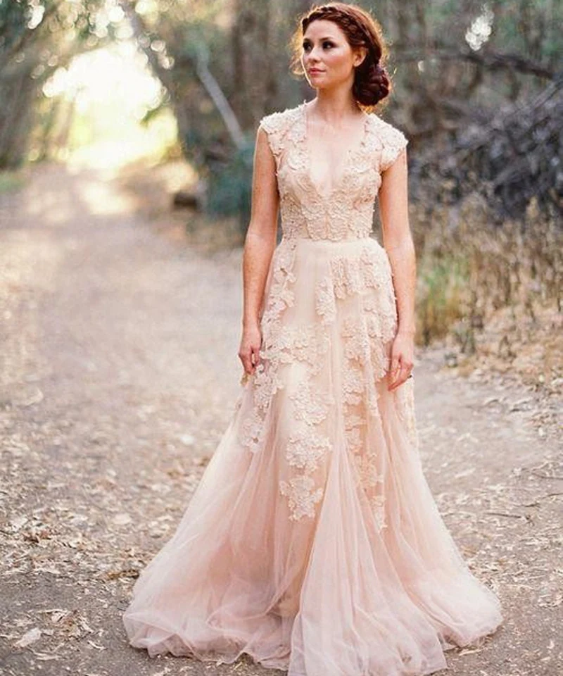 romántico vintage vestidos novia 2015 a línea cap mangas apliques de