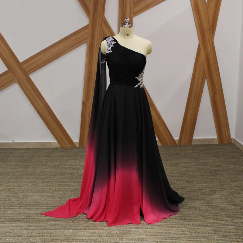 

Unique Gradient color Black And Red Long Evening Dress One Shoulder Long Strap Cut Out Crystals Chiffon Arabic Evening Dresses