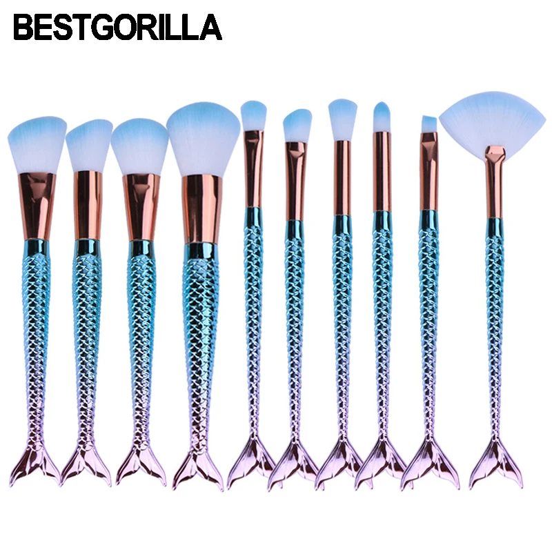 

BESTGORILLA New 10pcs fish Makeup Brushes Mermaid Brushes Face Naked Blush Makeup Blending Highlighter Brush Pinceis Maquiagem