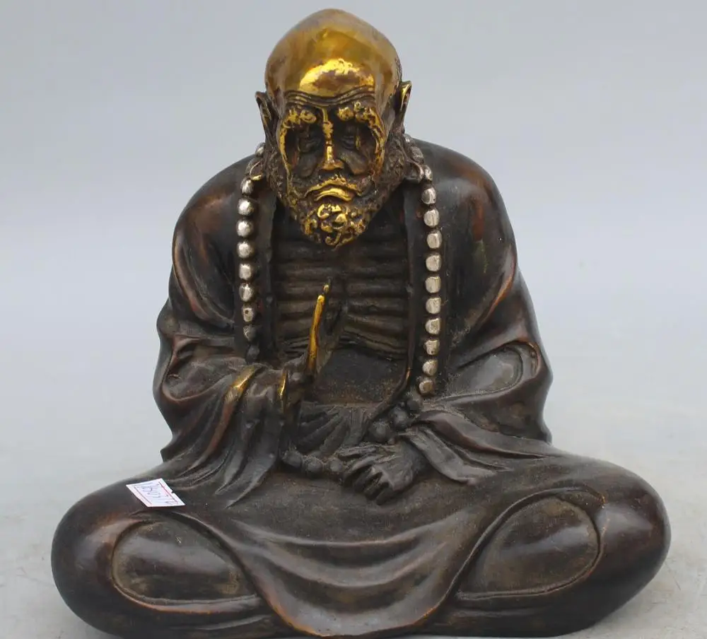 free shipping 8" Chinese Silver Bronze Gilt Seat Arhat Damo Bodhidharma