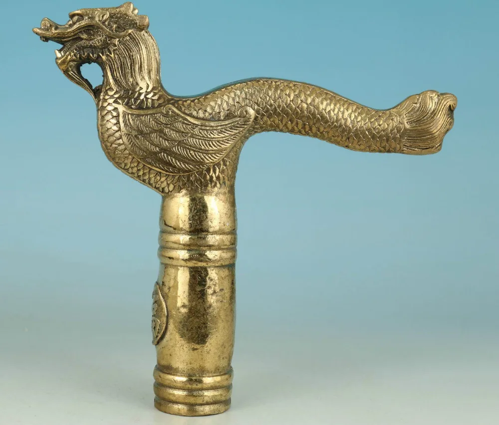 

67110519+++Chinese Old Brass Collectable Handwork carved Dragon Statue Walking Stick Head