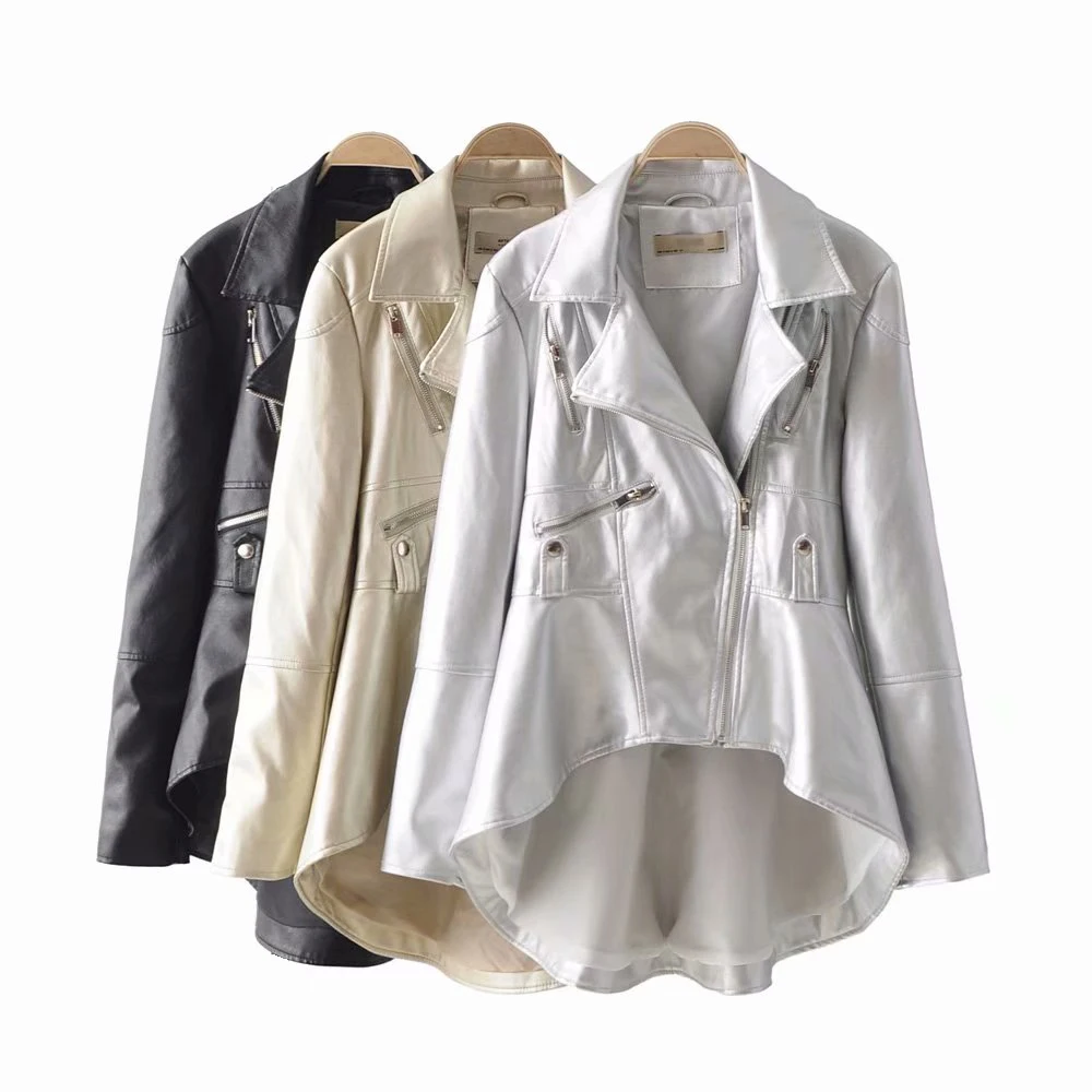 Autumn Female PU Faux Leather Black Jackets Women-s Asymmetrical Notched Collar Suits Ladies Silver Front Short Back Long Coats