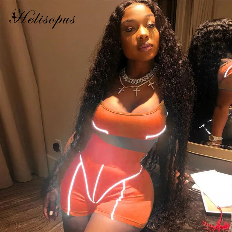 

Helisopus 2019 New Neon Reflective Two Pieces Set Women Short Sleeve Strapless Crop Top +high-waist Skinny Shorts Women Outfit