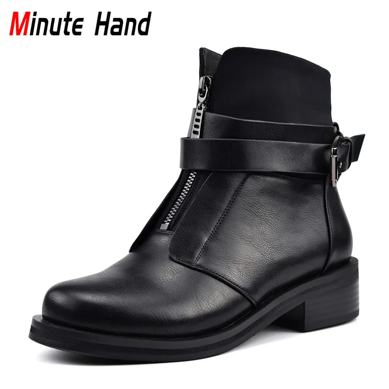

Minute Hand New Fashion Infront Zip Female Ankle Boots Buckle Strap Chunky Heel Patch Work Women Boots Autumn Winter Big Size 41