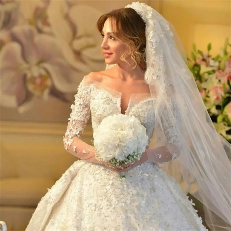 Luxury Off The Shoulder Long Sleeve Handmade Flowers