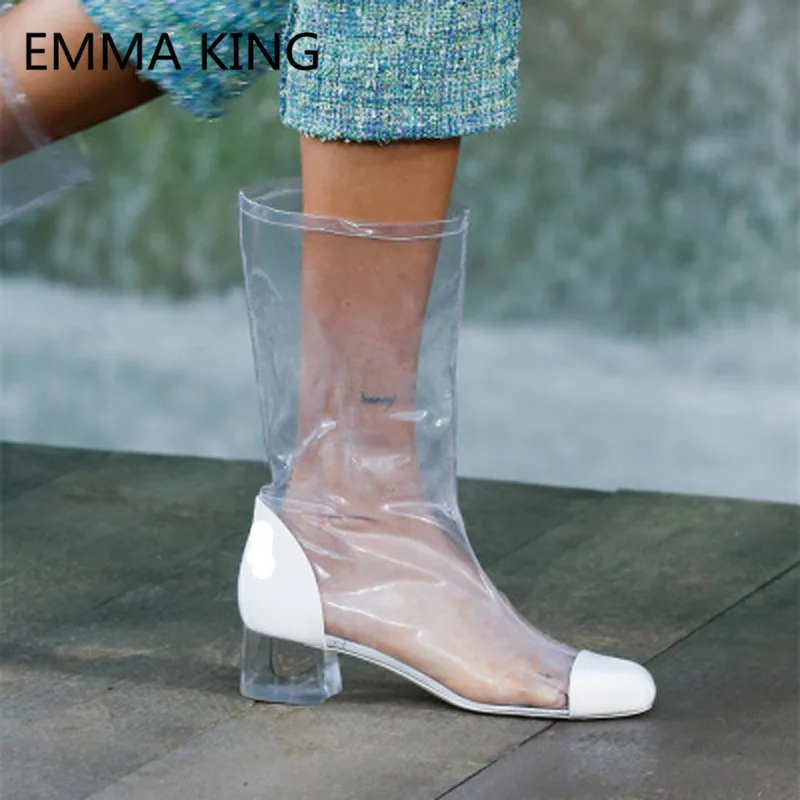 

New PVC Transparent Women Mid Calf Rubber Boots Round Toe White Clear Heels Slip On Ladies Spring Runway Shoes Woman Rain Boots