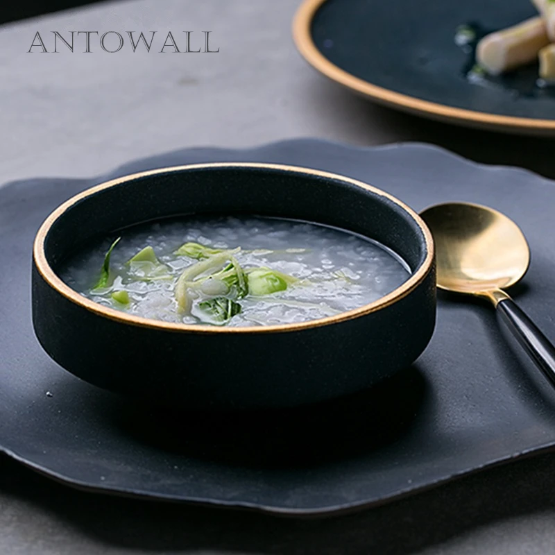

ANTOWALL Ceramic Tableware Bowl European Gold Rim Senior Green Color Food Bowl Household Restaurant Dinnerware