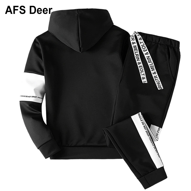Men Set Elastic Waist Sportwear Ribbon Letter Print Sweatshirt White Hoodie+Pant Two Piece Set Casual Tracksuit Men Clothes 2018