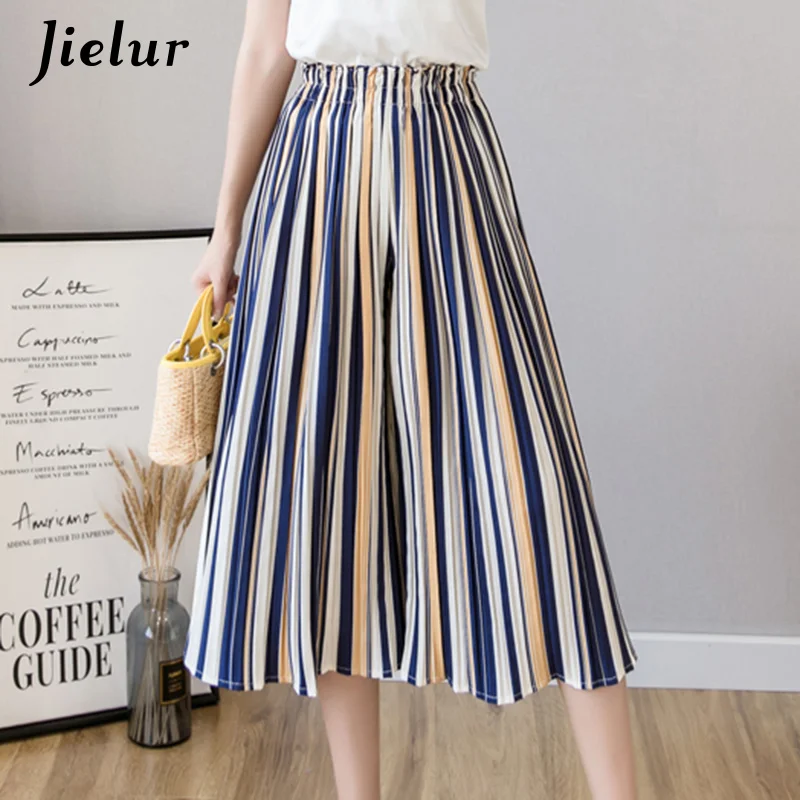 Jielur модные плиссированные шифоновые брюки женские летнее в горошек Цветочные полосатые широкие брюки женские свободные Женские панталоны - Цвет: Blue White Striped
