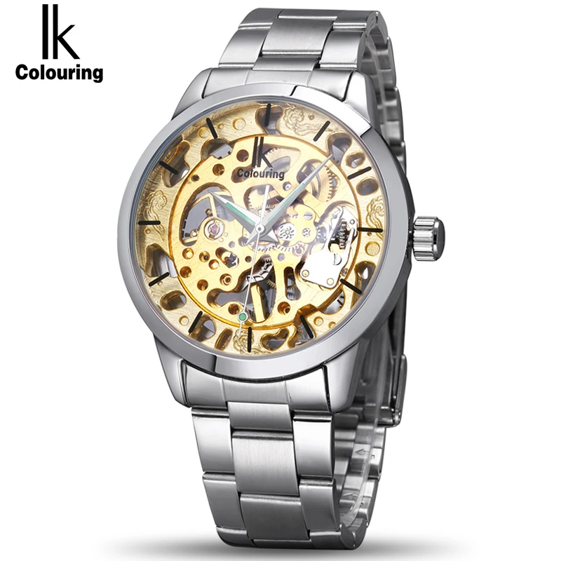 

IK Colouring Brand Mechanical Hand Wind Watch Nail Scale Hollow Back Cover Luminous Hardlex Full Steel Business Men Watch