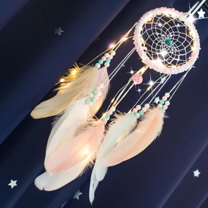 

Girl Heart Dream Catcher with Light National Feather Ornaments Lace Ribbons Feathers Wrapped Lights Dreamcatcher