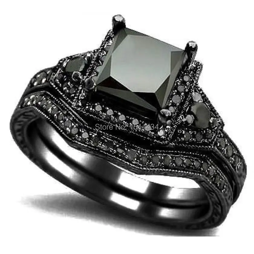 sz 4 12 black rhodium princess cut onyx wedding engagement ring set propose statement bridal - Black Wedding Ring Set sz 4 12 black rhodium princess cut onyx wedding engagement ring set propose statement bridal - Black Wedding Ring Set