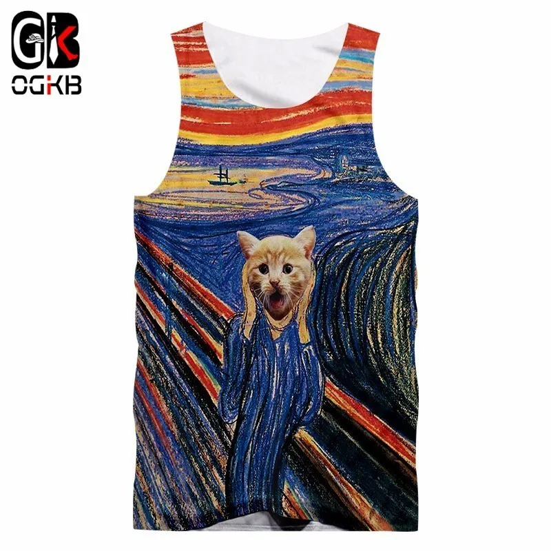 OGKB мультяшный Топ 3D принт животное кошка Hombre Singlets цветной жилет в полоску Мужская