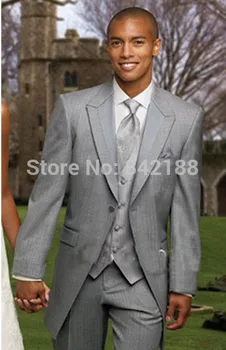 Tanie 2015 One Button Groom Smokingi Light Grey Best Man Szczyt Lapel Mężczyźni Garnitury ślubne Oblubieniec (kurtka + Spodnie + Kamizelka + Krawat) ślub Mnie