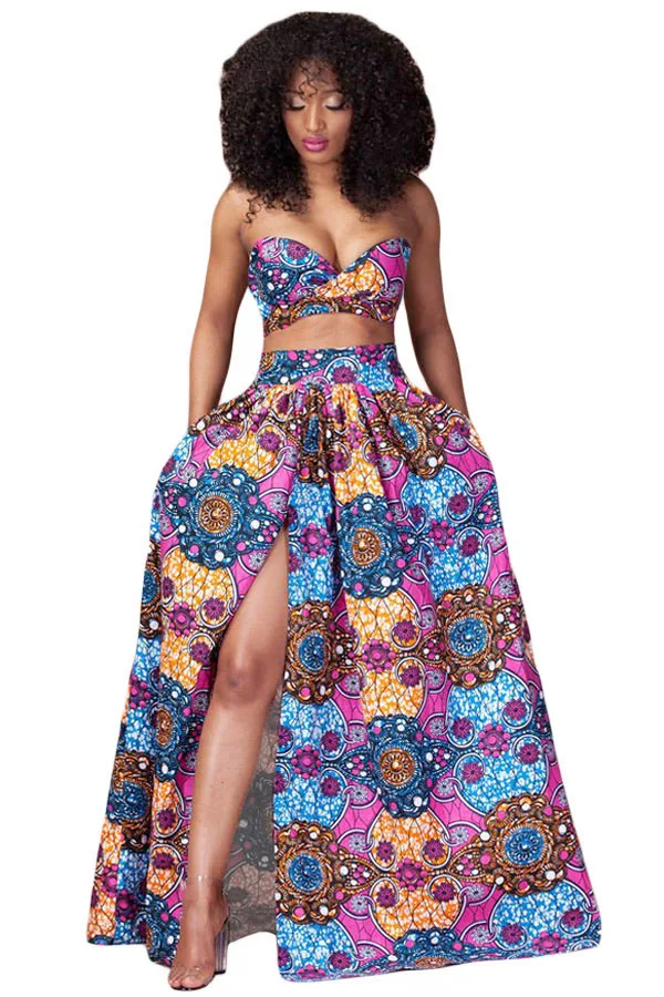 2017 sexy night Cocktail Formal Party homecoming soiree Gown for women club Fuchsia Blue Printed High Split Maxi Skirt 65021-22 | Женская