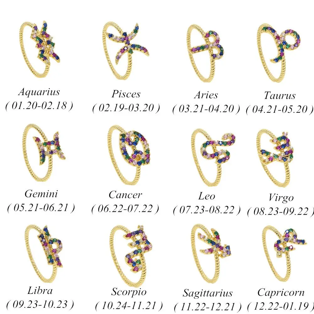 12 созвездия зодиака знак кольца для женщин девочек золото радуга цвет cz кубический цирконий Мода Anel anillos ювелирные изделия