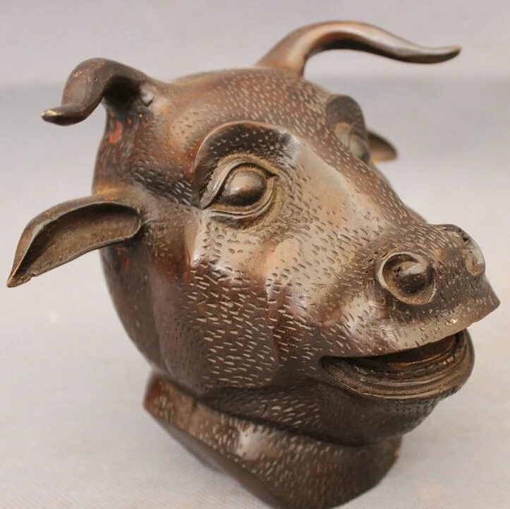 

603++Folk Chinese Bronze Copper Animals Year Zodiac Bull Ox Head Statue Figurine