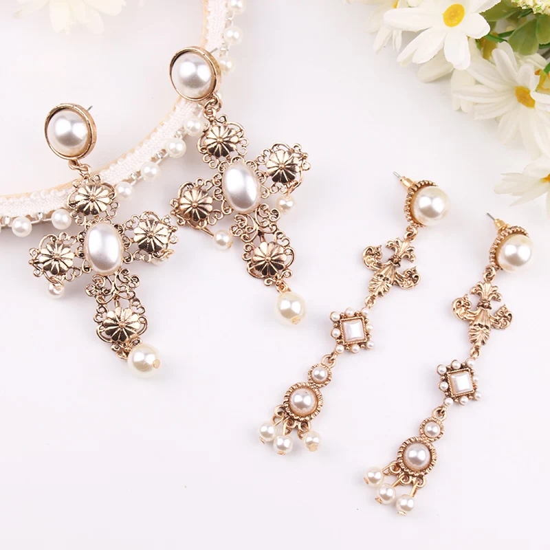 

LUBOV Imitation Pearl Inlaid Gold Color Metal Cross Dangle Earrings Bohemian Style Women Drop Earrings Luxury Party Jewelry 2019