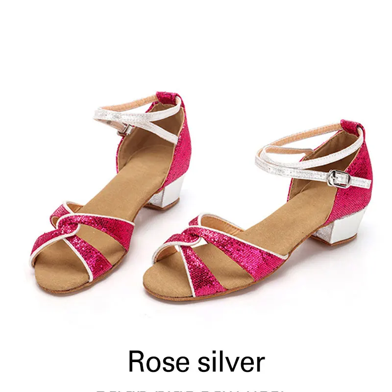 Новинка; детская обувь для латинских танцев; качественная обувь для бальных танцев для женщин; детская обувь для девочек на низком каблуке; обувь для латинских танцев; женская обувь для сальсы - Цвет: Rose silver