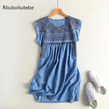 Плиссированное мини-платье без рукавов с высокой талией, мягкое джинсовое платье для женщин, летнее платье с вышивкой, короткое джинсовое пляжное платье трапециевидной формы, повседневное синее