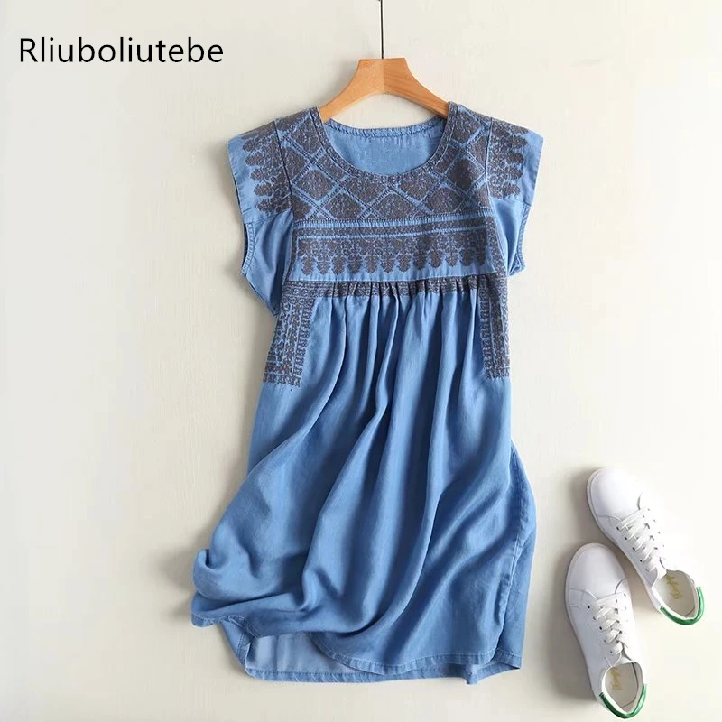 

high waist pleated sleeveless mini soft jeans dress women summer tank embroidery short a-line denim beach dress casual blue