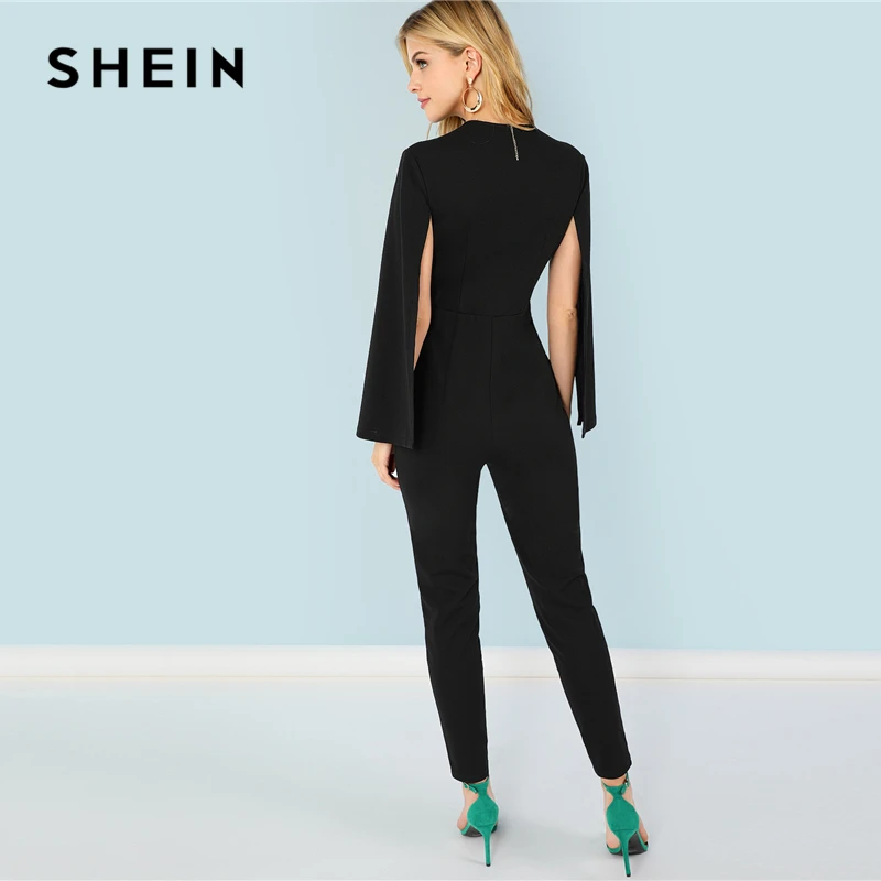 SHEIN Black Highstreet Office Lady Plunging Neck Cloak Sleeve Modern Sexy Maxi Tapered Jumpsuit Autumn Women Workwear Jumpsuits SHEIN Black Highstreet Office Lady Plunging Neck Cloak Sleeve Modern Sexy Maxi Tapered Jumpsuit Autumn Women Workwear Jumpsuits