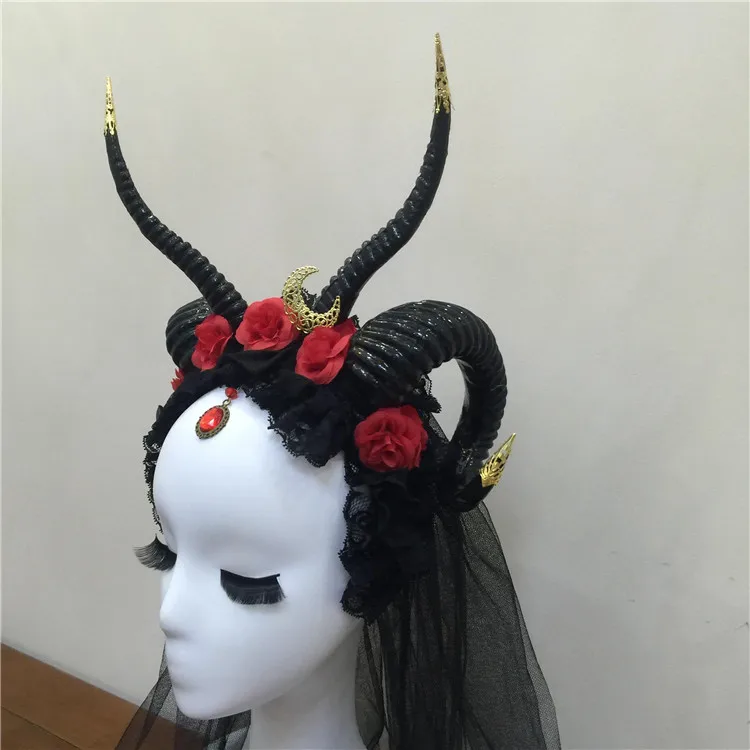 Gothicpunk Ram ободок с рогом с Луной стимпанк аксессуары для волос Роговая повязка с цветами рога головной убор аксессуары для волос