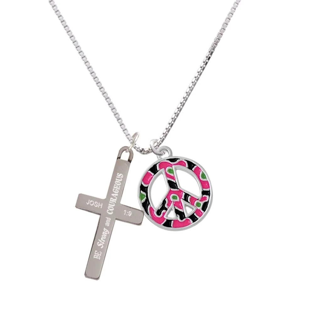 Large Hot Pink Cheetah Print Peace Sign - Strong and Courageous - Cross Necklace