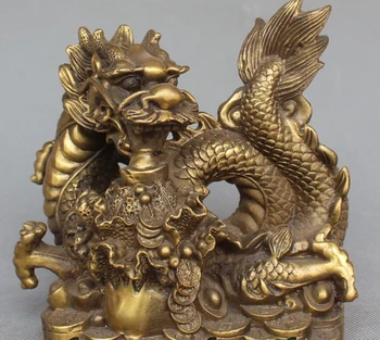 

ymy---607+++6" Rare Chinese Folk Culture Bronze Brass Wealth Coin Rich Dragon Cabbage Statue